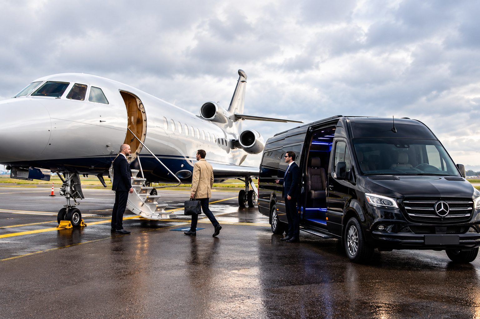 VIP Jet Transfer on a Rainy Tarmac VIP Jet Transfer on a Rainy Tarmac
